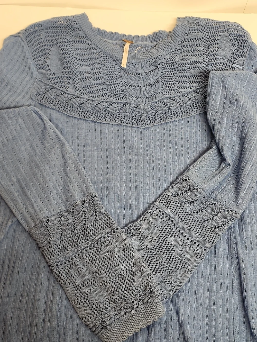 Free People Blue Crochet Yoke Long Sleeve Beautiful Yet Simple Top Size L